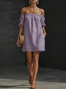 Elegant off-shoulder lavender cotton linen loose summer dress with functional side pockets