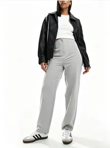 High-waisted straight-leg trousers in light grey for office and casual wear