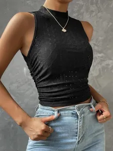 Débardeur court noir sans manches à col montant en tricot ajouré pour femmes