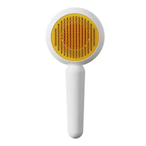 Self-cleaning pet slicker brush for cats and dogs, yellow and white grooming tool