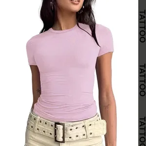 Slim fit light purple short sleeve crew neck t-shirt for women