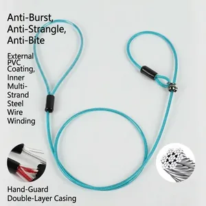 Detailed view of the multi-strand steel wire core and blue coating on dog leash