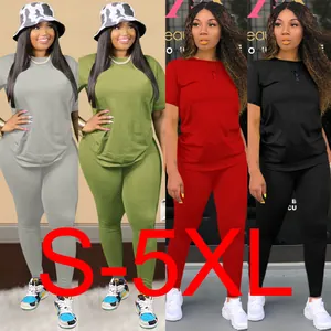 Women's Casual Polyester Two Piece Outfit Top And Bottom Short Sleeve Round Neck T-Shirt And High Waist Tight Pants Set