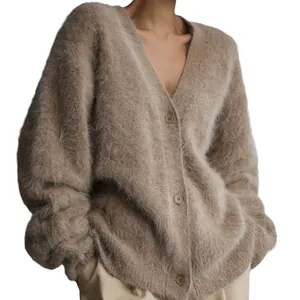 Cozy beige mink velvet V-neck knitted cardigan with an oversized loose fit for women