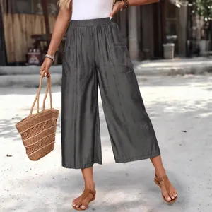 Women's loose fashion casual cropped wide-leg pants with pockets in charcoal grey