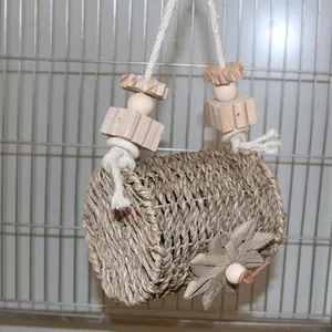 Handwoven straw bird nest with wooden hanging toys for parrot cages and small birds accessories