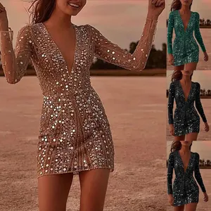 Abito da sera sexy con paillettes, scollo a V profondo e maniche lunghe