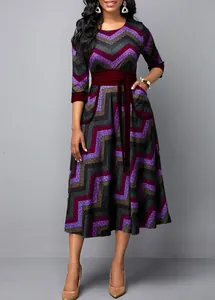 Elegant zigzag stripe print high waist swing dress with burgundy sash belt