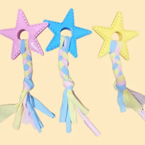 Detailed view of durable TPR star dog chew toys with colorful braided fabric ropes