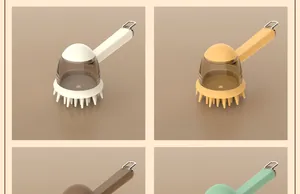 Detail view of multicolor pet bath massage brushes with liquid soap dispenser and handle