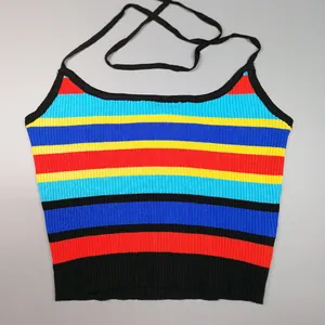Detail of a rainbow striped ribbed knit halter crop top with thin black straps.