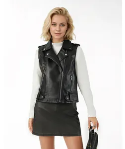 Stylish short black faux leather vest with lapels and zipper details