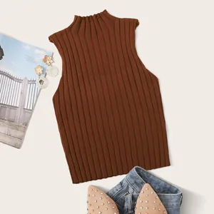 Macro detail of the brown rib-knit fabric texture on this slim sleeveless mock neck top.
