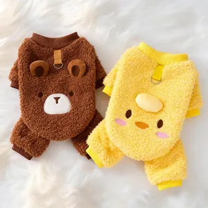 Detail of cozy thick fleece pet onesies with cartoon bear and chick designs for dogs and cats.