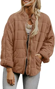 Casual women's quilted stand-collar jacket in camel brown featuring a relaxed fit.