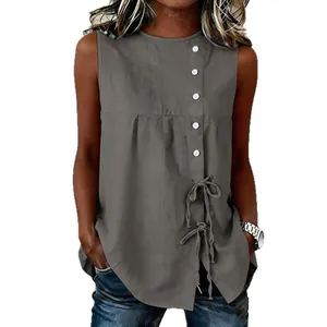 Camiseta casual sin mangas gris para mujer con botones laterales y detalle de lazo en la cintura