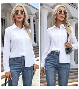 Detail of a classic white long-sleeved button-down shirt for women, stylish and casual.
