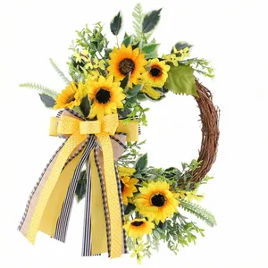 Autumn artificial sunflower half-wreath with elegant decorative ribbon bow for door
