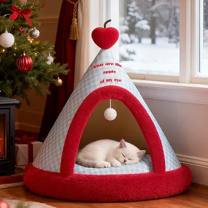 Cozy winter tent-style cat bed house with red apple topper and blue gingham pattern