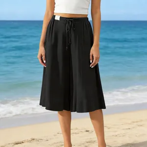 Casual black wide-leg beach culottes with elastic drawstring waist for summer comfort