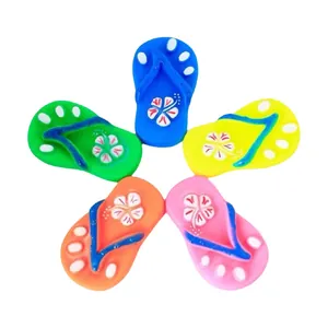 Detailed view of five colorful squeaky slipper toys for pet dogs