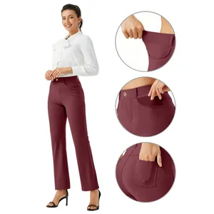 Women's burgundy straight-leg pants with elastic waist and functional pockets detail