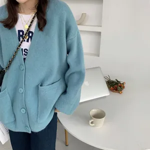 Loose-fit blue knit cardigan sweater with V-neck and pockets for a casual autumn look