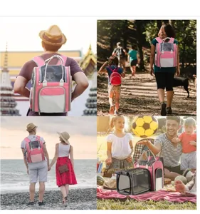 Collage de estilo de vida de una mochila rosa extensible para mascotas para viajar y senderismo