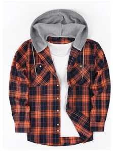 Close-up of men's autumn plaid long-sleeve shirt with casual grey contrast hood