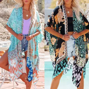 Eleganter böhmischer Chiffon-Strand-Kimono mit Blumendruck für Damen im Sommer