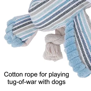 Bird-shaped plush dog toy with durable cotton rope shown in a detailed close-up view