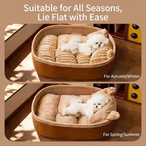 Dual-sided four-season pet bed for small dogs with plush and smooth surfaces.