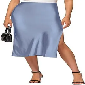 Elegant women's high waist satin midi skirt featuring a stylish side slit detail