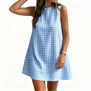 Summer casual blue and white gingham sleeveless mini dress with a classic crew neck