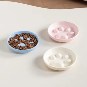 Ceramic Cat Paw Slow Feeder Bowl With Elevated Iron Stand For Cats Small Dogs Anti-Choking Pet Feeding Plate Healthy Eating Bowl