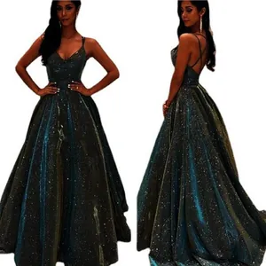 Elegant sparkling dark green A-line evening gown with V-neck and crisscross back straps