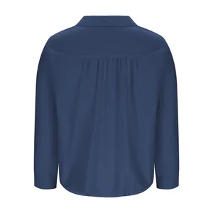 Rückansicht einer dunkelblauen Damenbluse aus Baumwolle und Leinen, Langarm-Stil.
