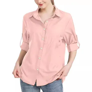 Camisa rosa de manga larga para mujer con cuello de solapa y bolsillo con cremallera