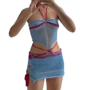 Sexy blue and pink contrast crochet two-piece set with halter top and mini skirt for summer