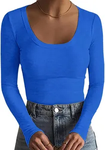Women's slim fit ribbed long sleeve T-shirt in vibrant blue featuring a scoop neck