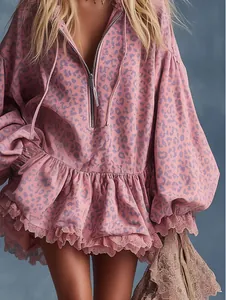 Pink leopard print mini dress with front zipper, ruffled lace hem and hoodie detail.