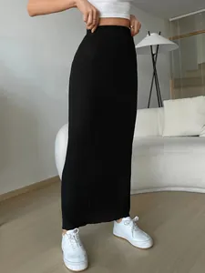 Detailed full-length view of a black ribbed bodycon maxi skirt with an elastic waistband