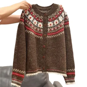 Vintage brown Fair Isle knit cardigan sweater featuring classic floral patterns for women