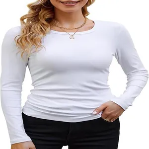 Close-up of women's white ribbed long sleeve round neck slim fit basic jersey t-shirt