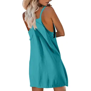 Detailed back view of a women's casual turquoise sleeveless strappy mini dress.