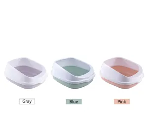 High-sided anti-splash cat litter boxes shown in grey, blue, and pink color options
