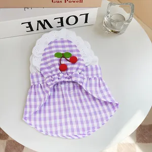 Summer Gingham Pet Dress With 3D Cherry Decoration And Lace Trim Princess Style Dog Clothes For Small Dogs Teddy Bichon Pomeranian