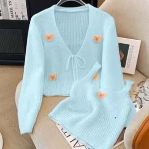 French style blue knitted 2-piece set with 3D butterfly patches and tie-front cardigan