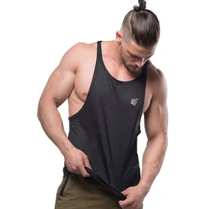 Men's black breathable mesh sports tank top for gym fitness and quick-dry workout