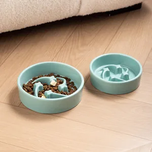 Gamelle anti-glouton en céramique pour chiens et chats avec design labyrinthe bleu sarcelle